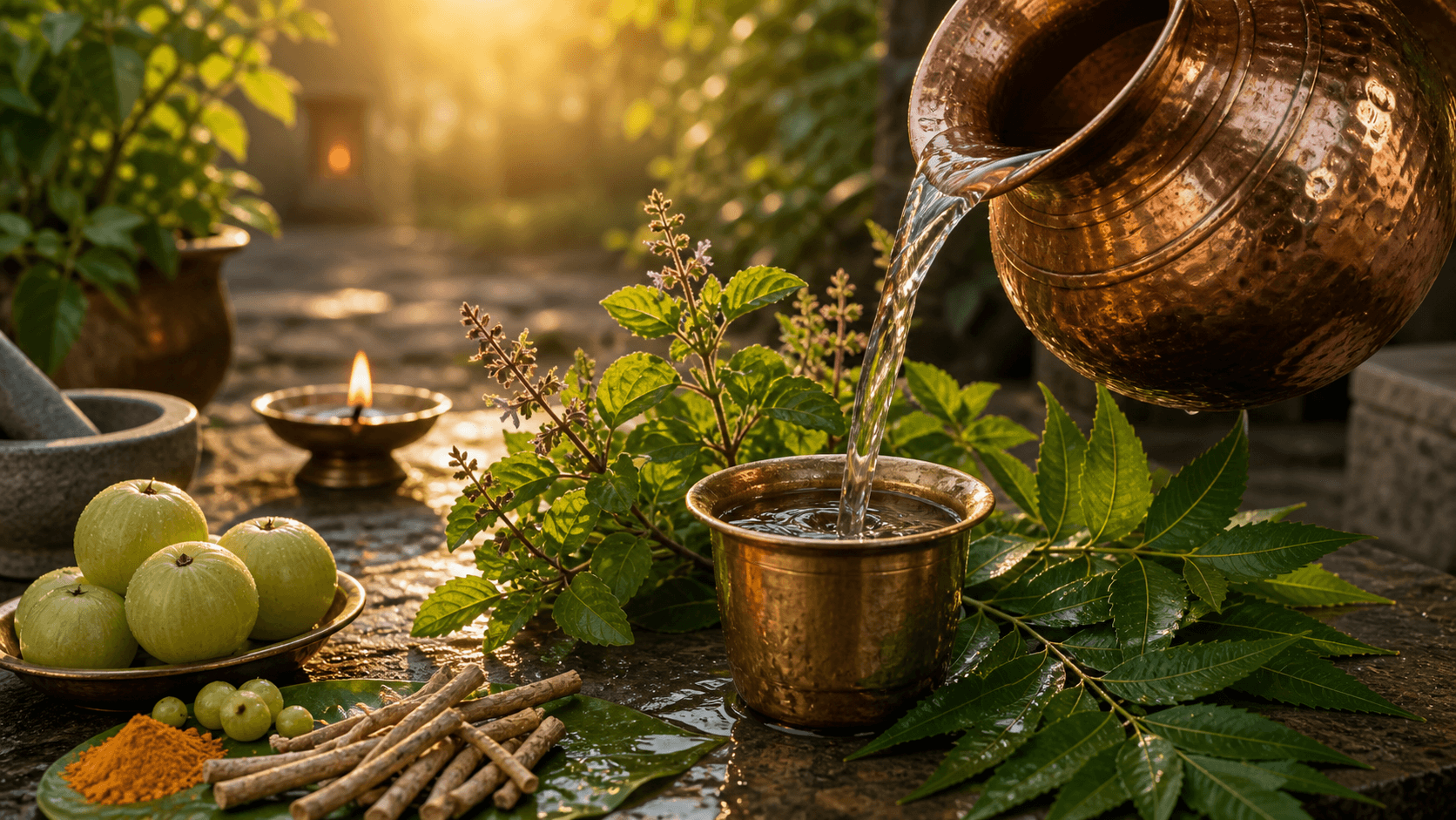 Copper vessel pouring water with tulsi, neem, amla, and warm morning light