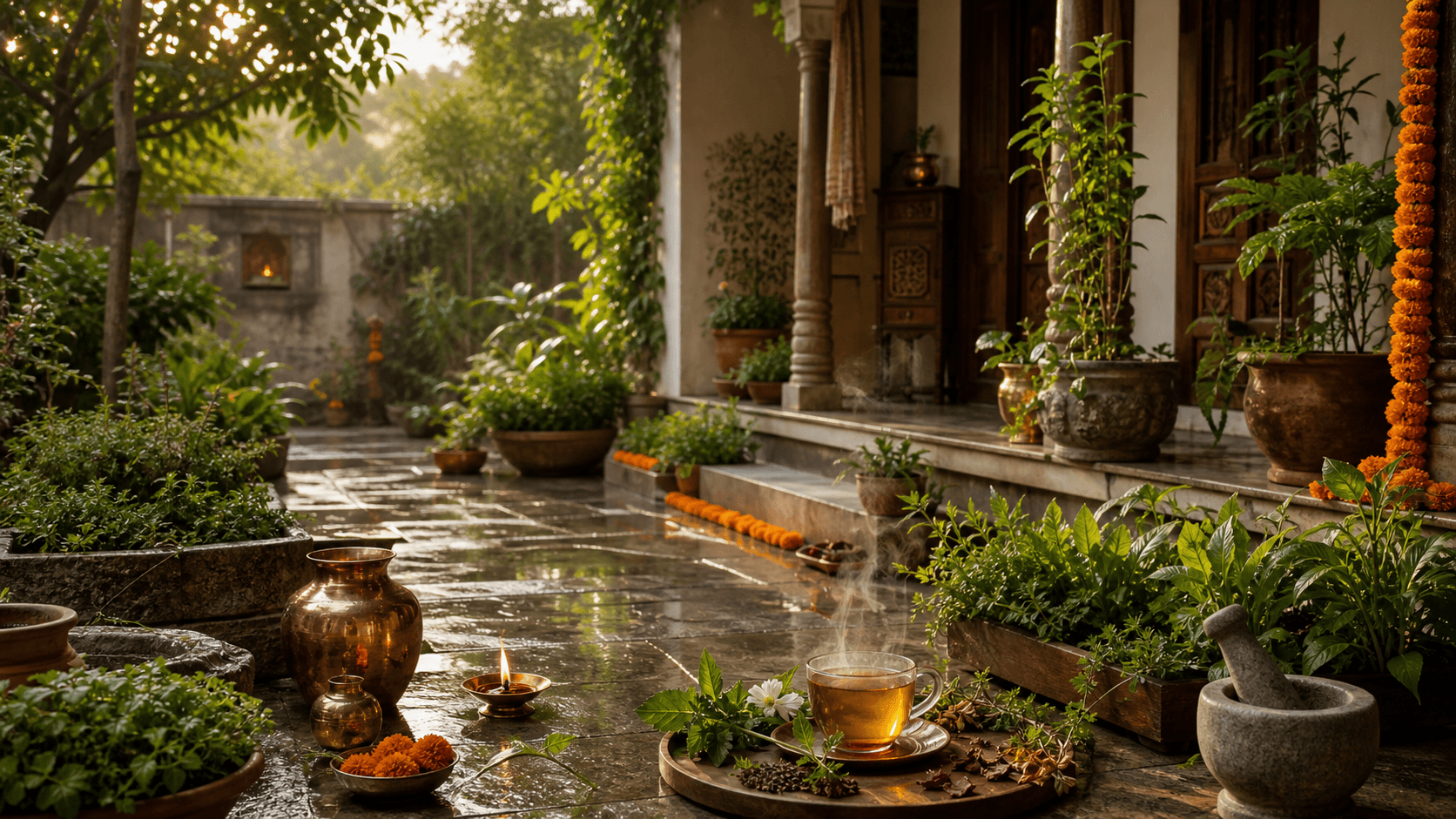 Ayurveda courtyard with herbs, copper vessels, diya, and warm morning light