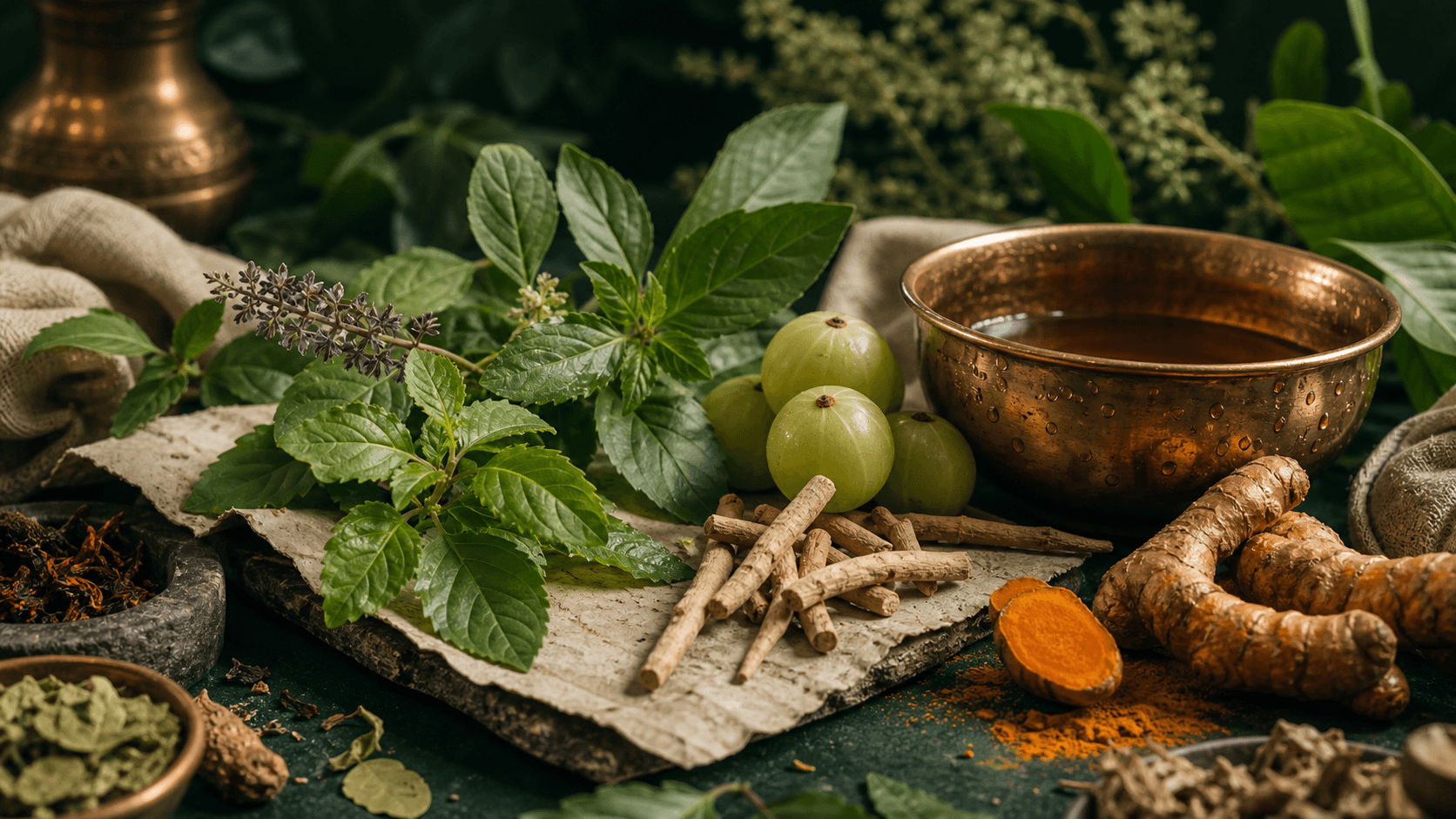 Tulsi, amla, turmeric, ashwagandha, and copper bowl in an Ayurveda still life
