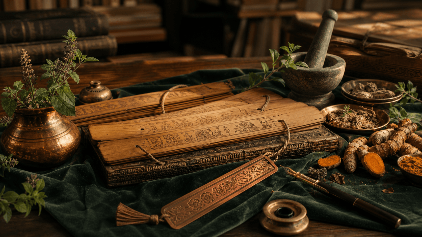Ayurveda learning scene with manuscript, herbs, copper bookmark, and warm library light