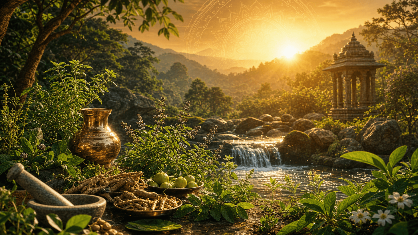 Sunrise Ayurveda landscape with herbs, copper vessel, river, and temple